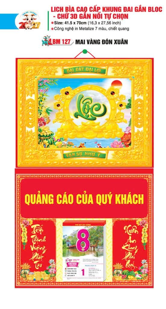 Bìa Lịch Treo Khung Đại Gắn Bloc BM 2027 BM127 - Mai Vàng Đón Xuân - Quà Tặng Văn Phòng