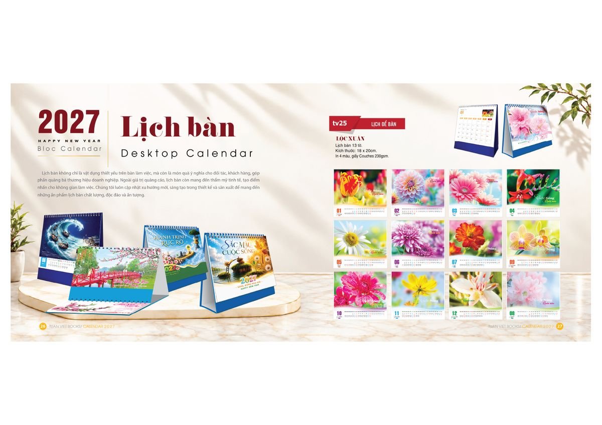 Lịch Bìa Treo Gắn Bloc 2027 Tuấn Việt TV14 Quà Tặng Bàn Làm Việc Văn Phòng Hiện Đại